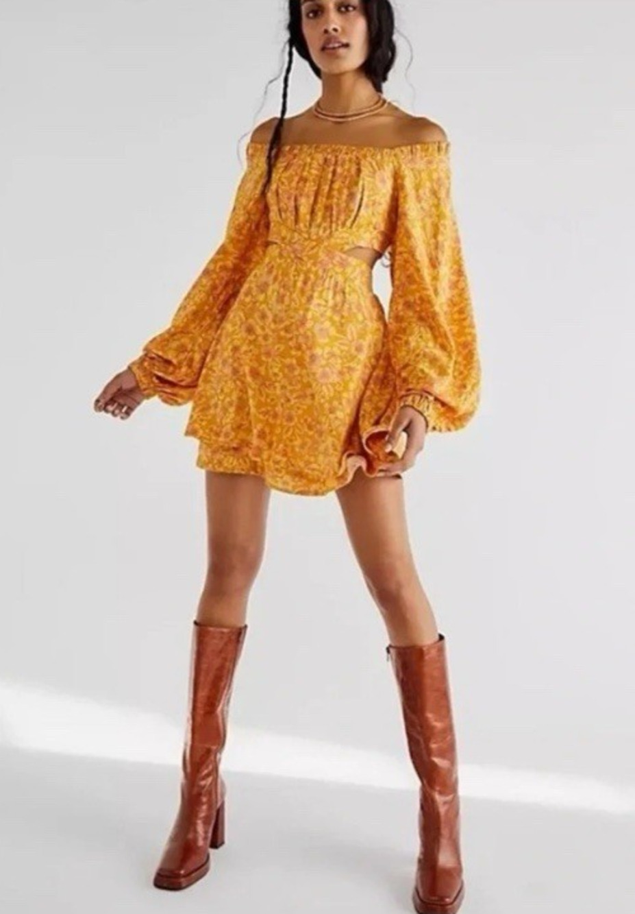 Free People Dress XS Yellow Mini Puff Sleeve Yellow Floral Fall Boho